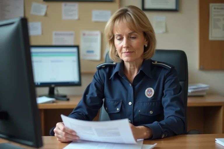 Agente territoriale de catégorie C en uniforme municipal consultant ses documents de paie dans un bureau administratif de collectivité