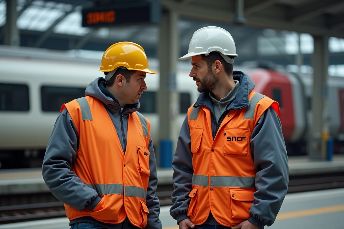 Agents SNCF en gilets de sécurité sur un quai de gare, symbolisant le contraste entre les conditions des cheminots et les salaires des dirigeants