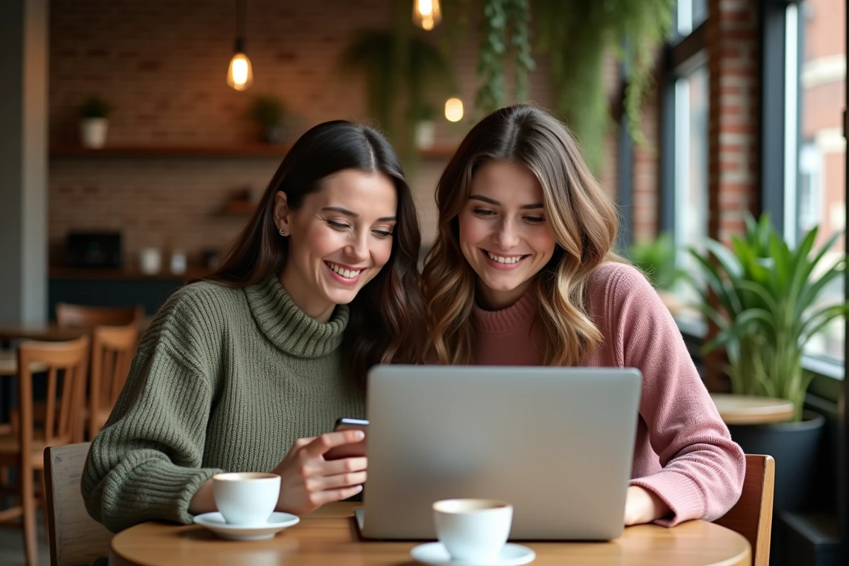 Deux femmes comparant des offres beauté en ligne sur smartphone et ordinateur portable dans un café urbain chaleureux