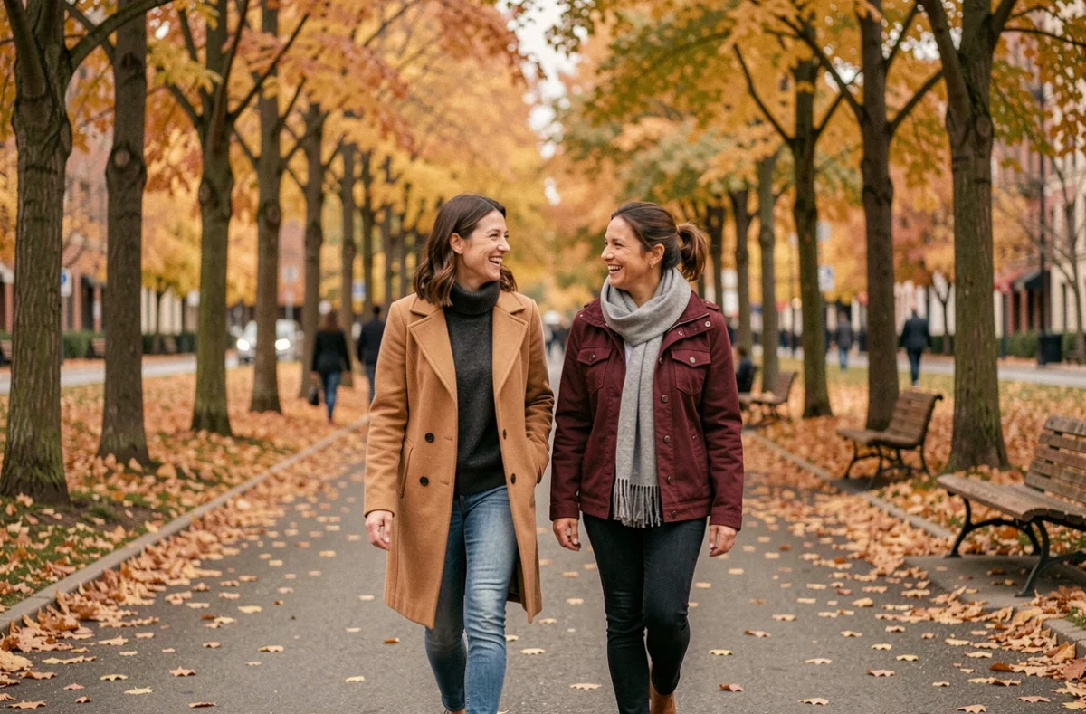 Deux femmes amies se promenant et riant dans un parc urbain en automne pour illustrer une vie épanouie