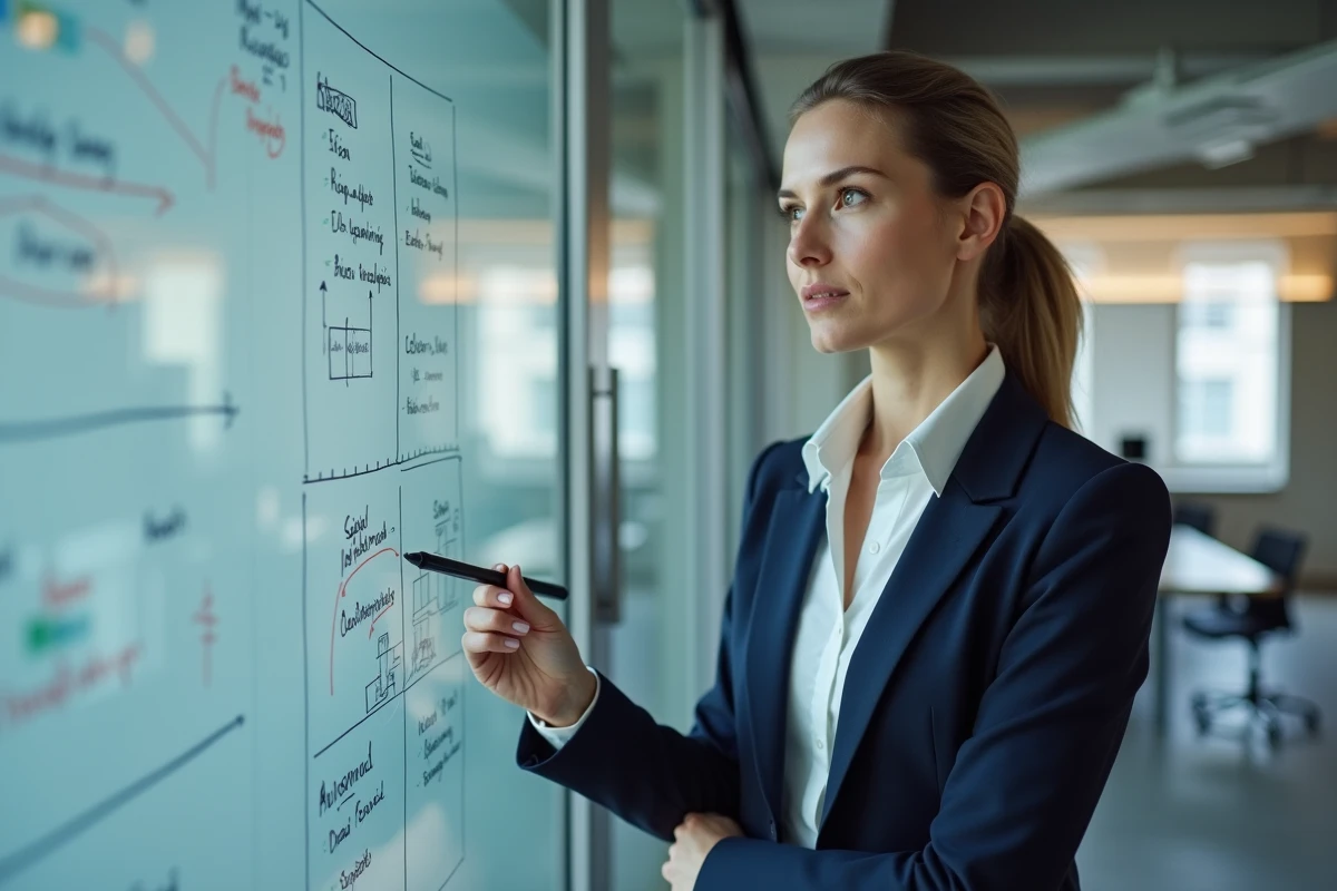 Professionnelle en conseil financier analysant l'évolution réglementaire sur un tableau blanc dans un bureau moderne