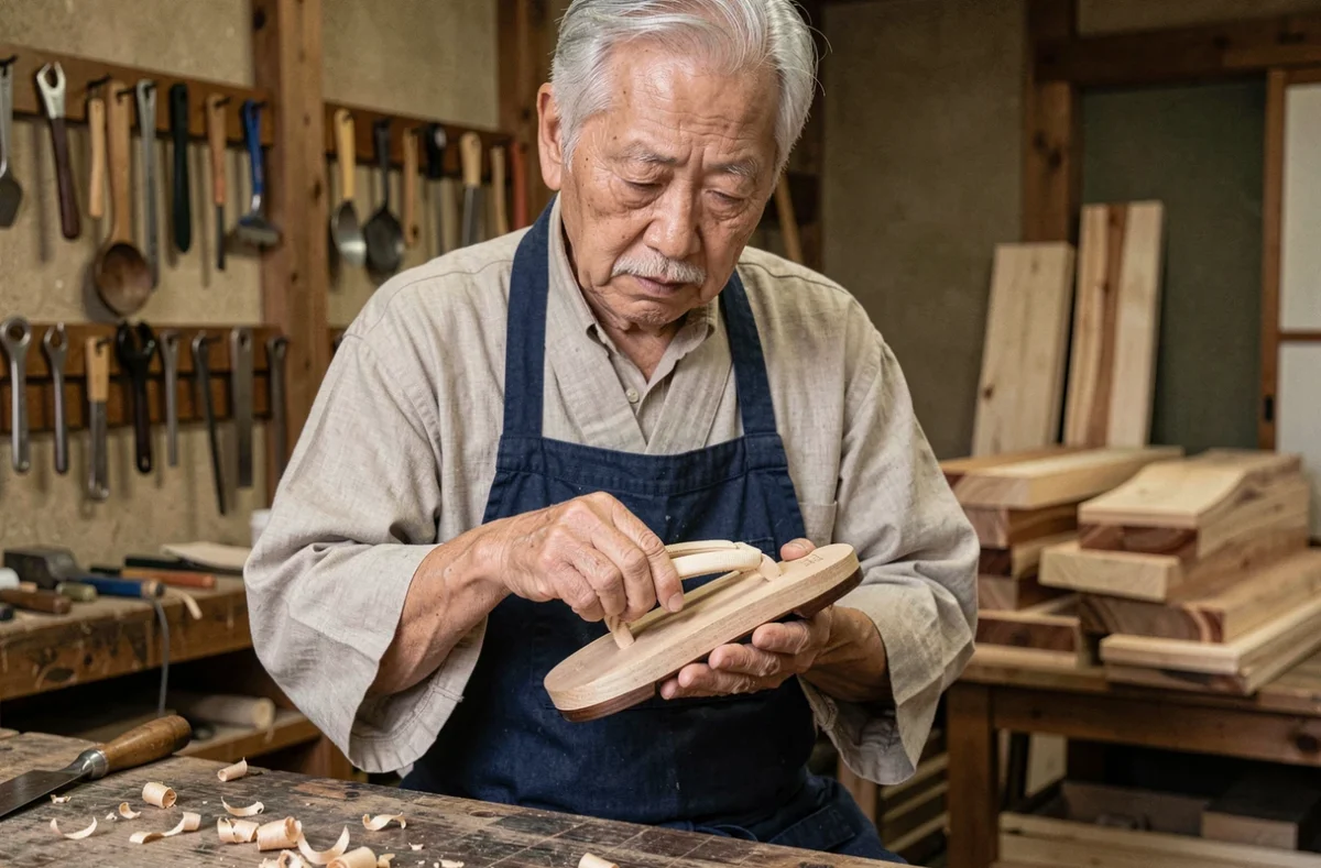 Artisan japonais âgé inspectant méticuleusement une geta artisanale dans son atelier traditionnel de Kyoto, examinant la qualité du bois et des dents sculptées
