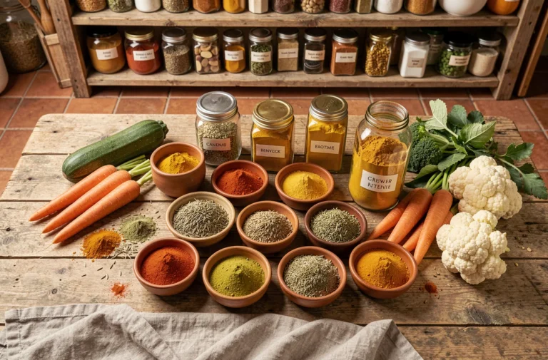 Assortiment d'épices dans des bols en céramique et des légumes frais sur une table en bois rustique, vue de dessus
