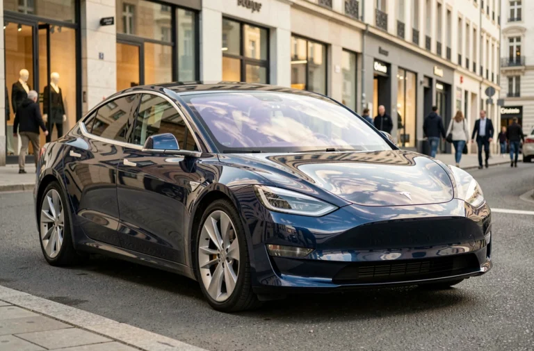 Berline électrique moderne garée dans une rue urbaine européenne, vue de trois quarts avant avec reflets réalistes sur la carrosserie