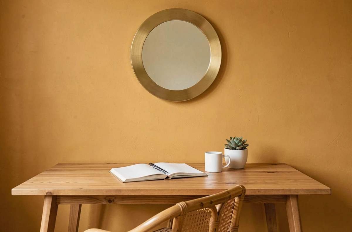 Bureau à domicile feng shui avec mur ouest en jaune ocre doux et miroir rond doré, bureau en bois minimaliste et chaise en rotin