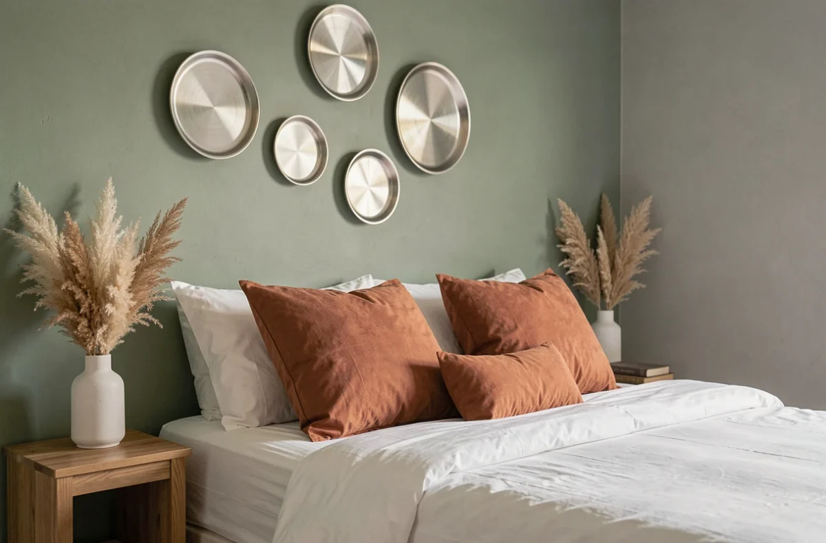 Chambre feng shui avec mur ouest en vert sauge et gris doux, literie blanche et coussins terracotta pour équilibrer l'énergie