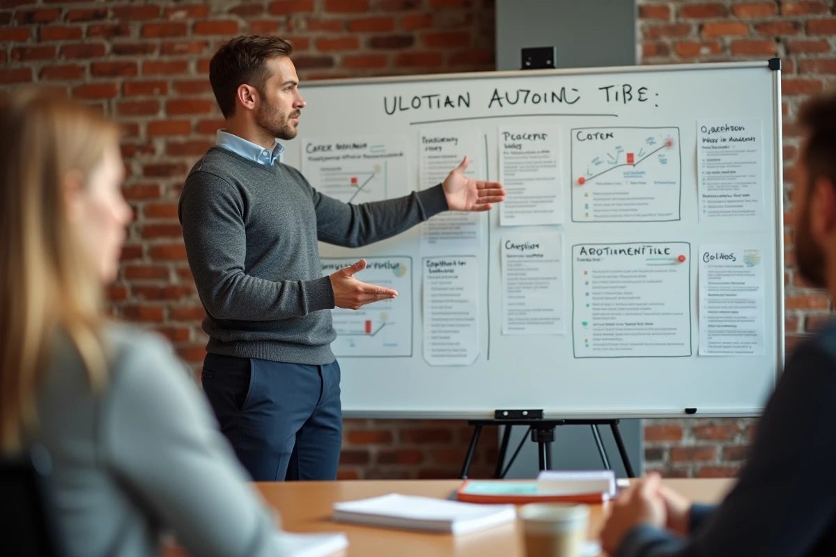 Coach en carrière masculin présentant des stratégies de développement professionnel sur un tableau blanc lors d'un atelier