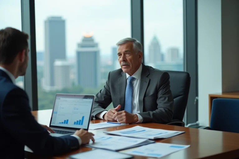 Conseiller financier senior présentant des recommandations réglementaires à un client dans une salle de réunion d'entreprise moderne