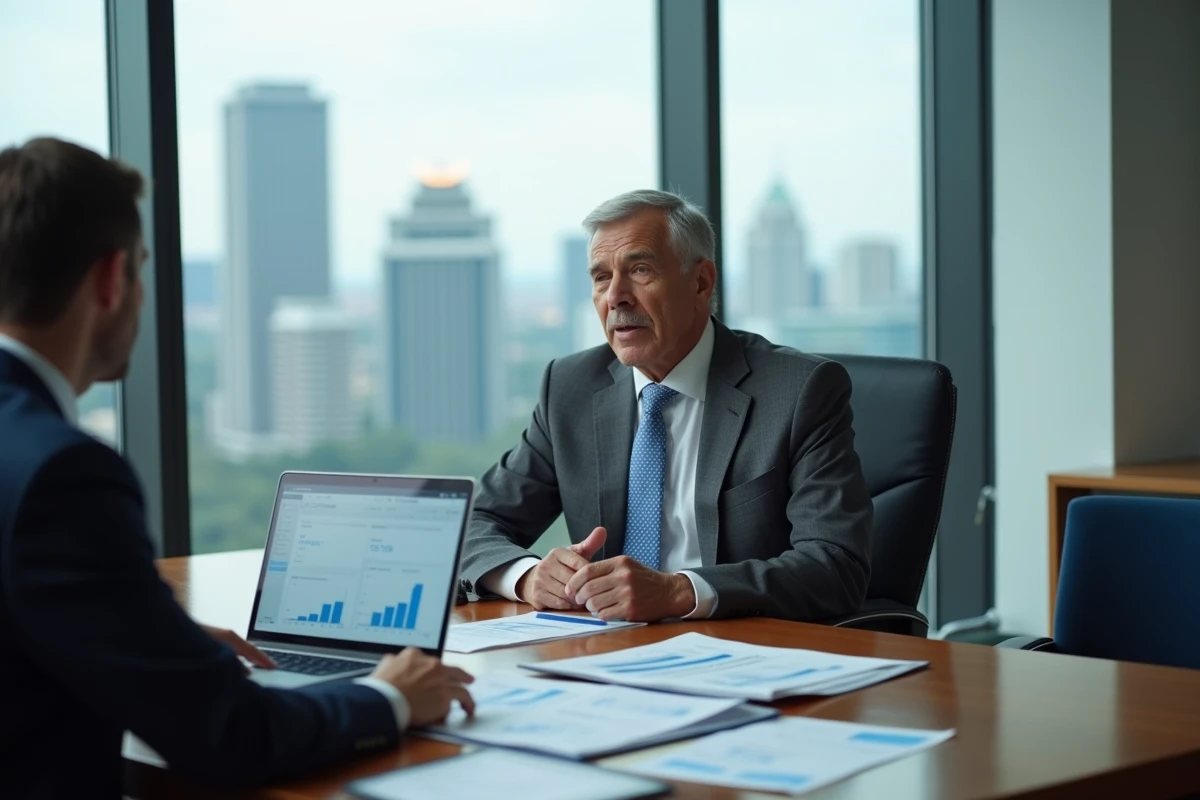 Conseiller financier senior présentant des recommandations réglementaires à un client dans une salle de réunion d'entreprise moderne
