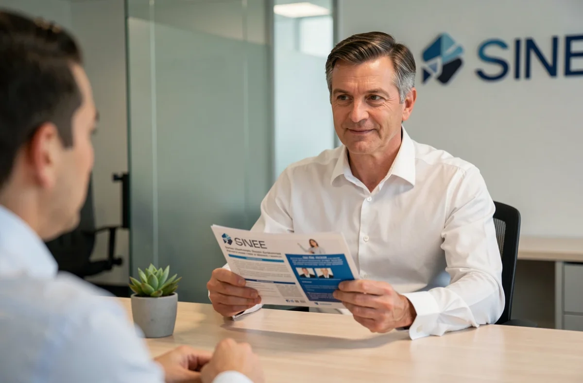 Conseiller en assurance présentant une offre de mutuelle santé à un client dans un bureau professionnel