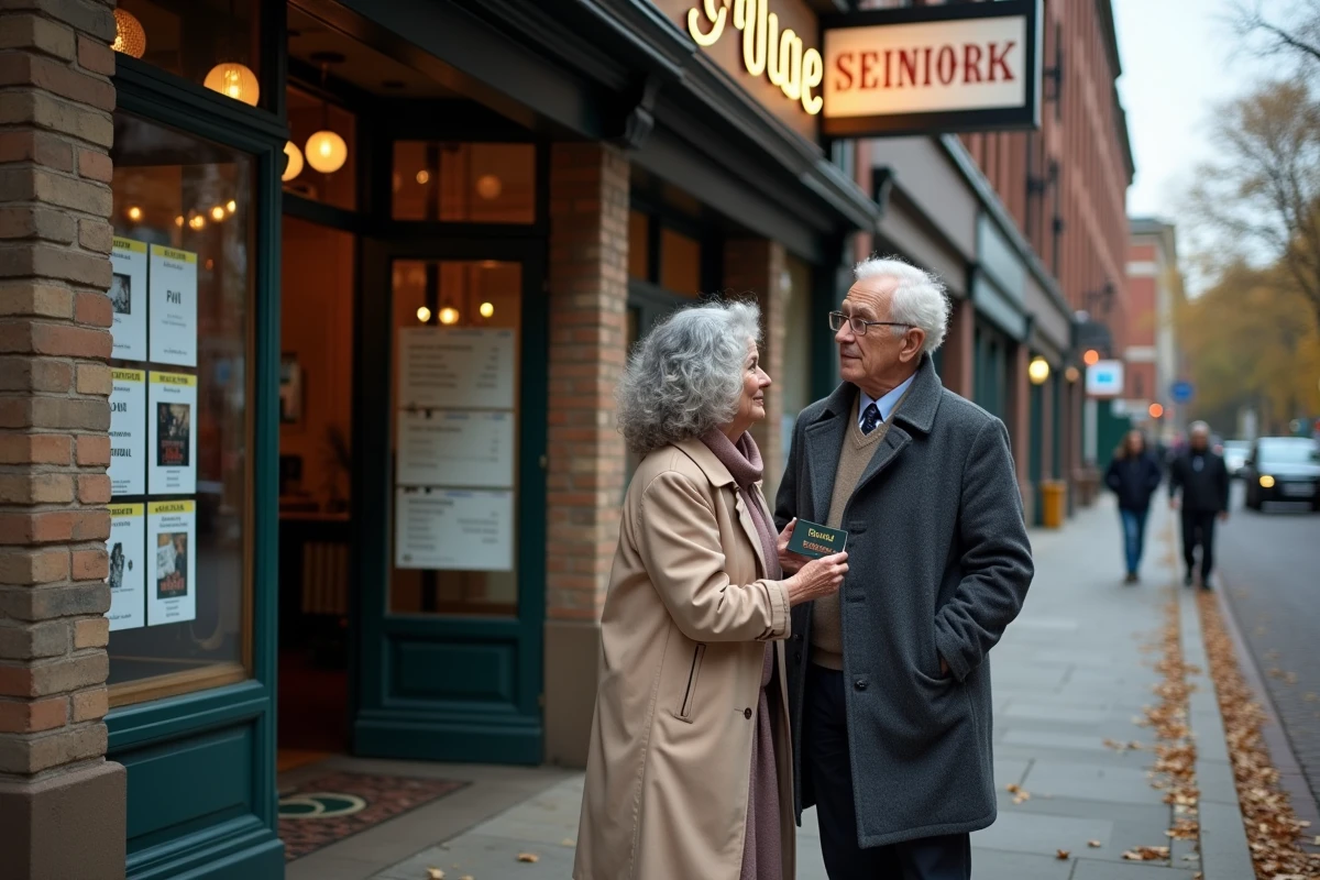 Couple de seniors devant une façade de cinéma d'art et d'essai consultant leur carte cinéma senior