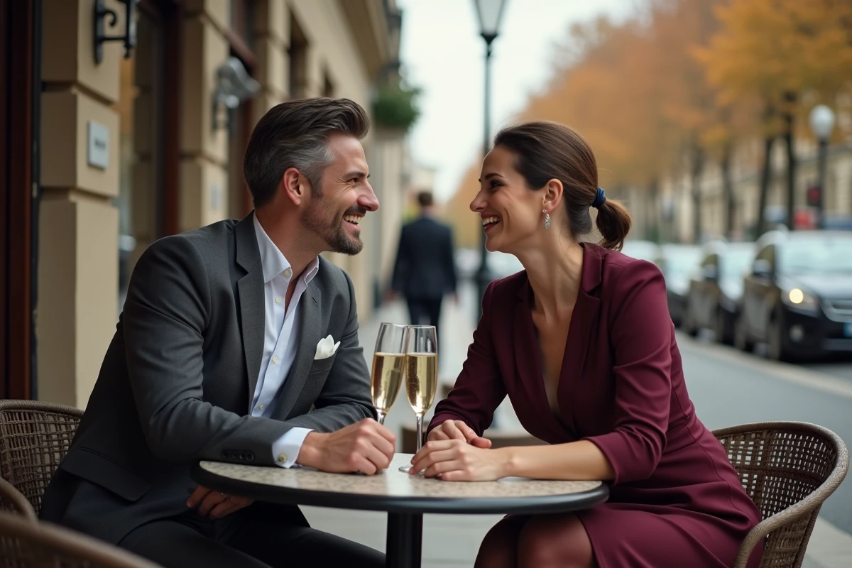 Couple complice attablé à une terrasse de café parisien en automne, ambiance reportage journalistique