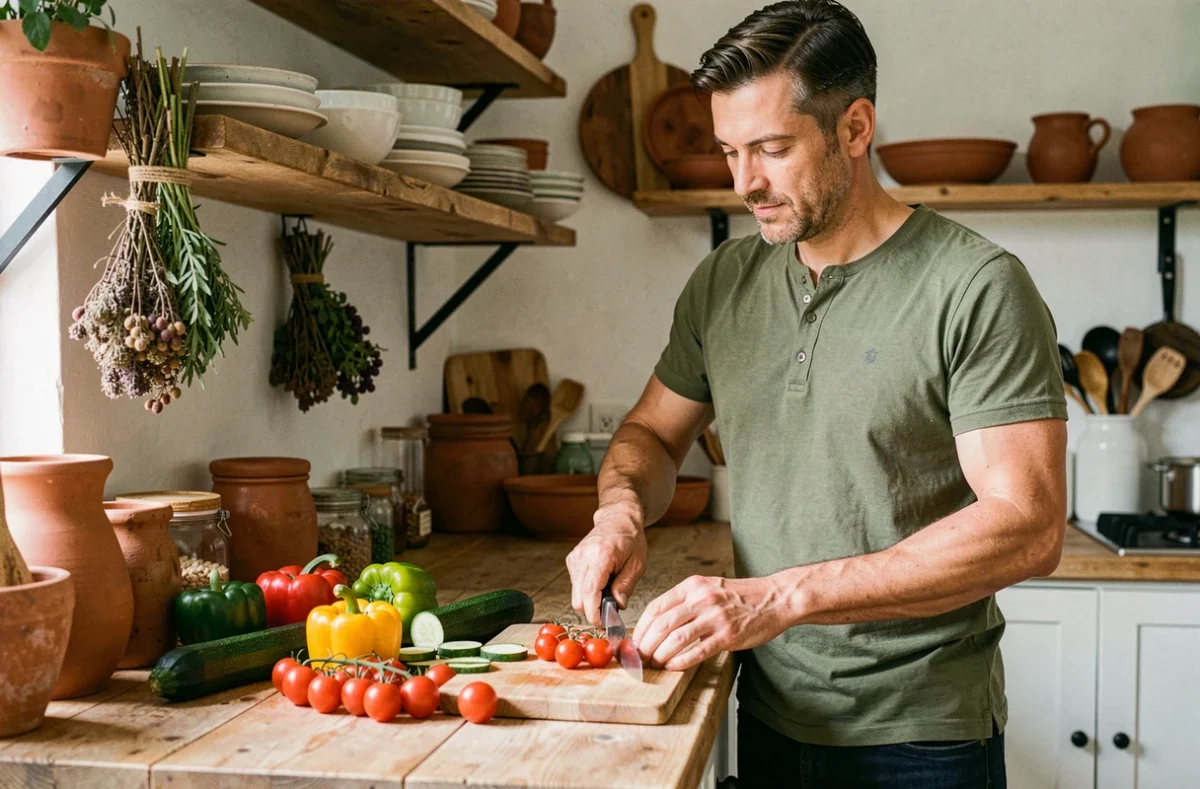 Homme préparant un repas sain avec des légumes frais dans une cuisine rustique chaleureuse