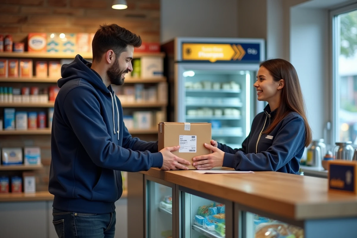 Homme déposant un colis Vinted dans un point relais Mondial Relay en boutique de proximité
