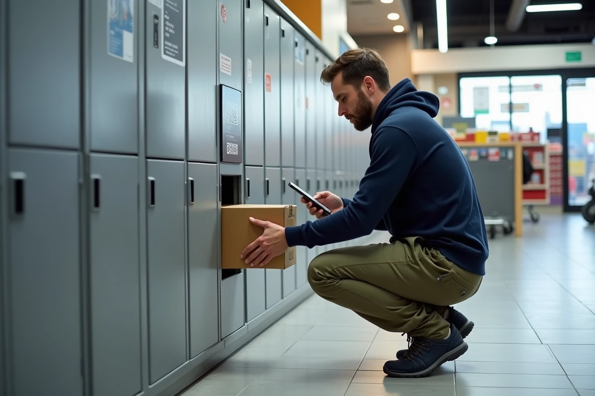 Homme déposant un colis Vinted Go dans une consigne automatique en supermarché