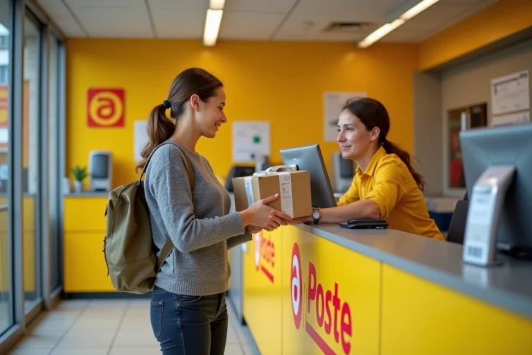 Femme remettant un colis Vinted à un guichet de La Poste en France
