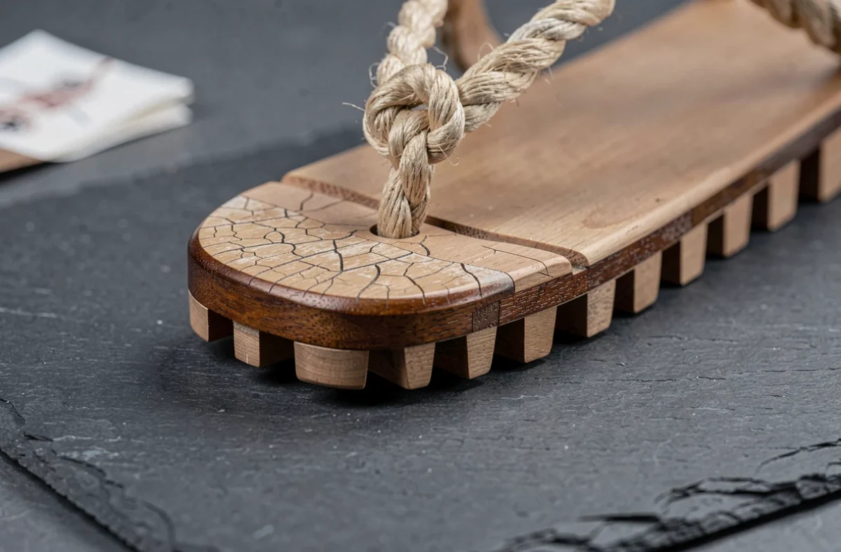 Gros plan détaillé de la semelle et des dents d'une geta japonaise artisanale, mettant en valeur l'assemblage à mortaise et tenon, la laque traditionnelle et la sangle nouée à la main