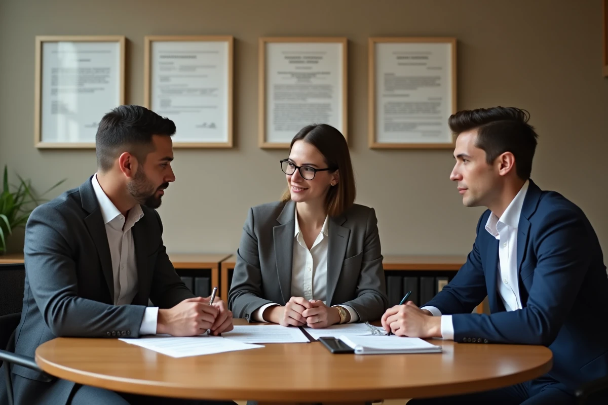 Équipe de conseillers financiers discutant des nouvelles réglementations en vigueur dans une salle de conformité professionnelle