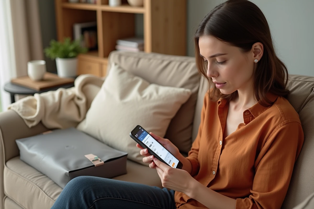 Femme générant une étiquette d'envoi Mondial Relay gratuite sur l'application Vinted depuis son canapé
