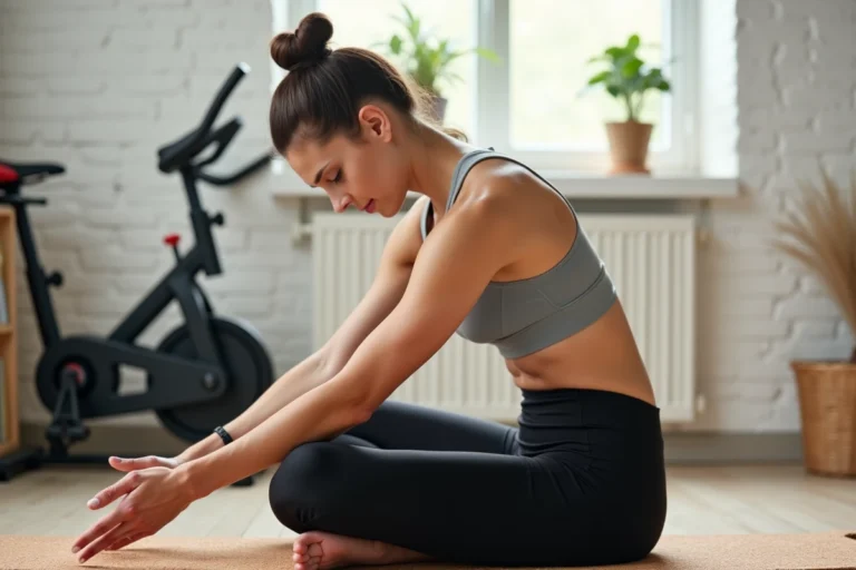 Femme effectuant un étirement avant assis sur un tapis de yoga après une séance de vélo d'appartement à domicile