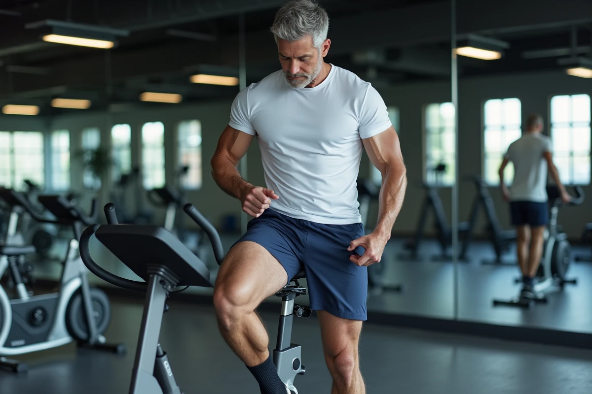 Homme réalisant un étirement des quadriceps debout à côté d'un vélo d'appartement dans une salle de fitness moderne