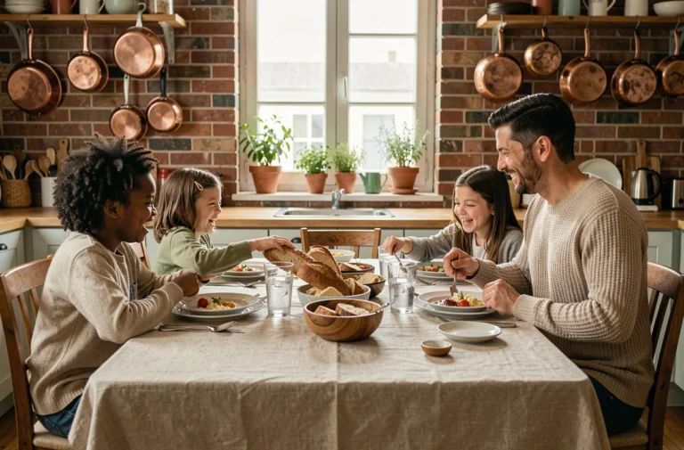 Famille métissée réunie autour d'un repas fait maison dans une cuisine chaleureuse avec murs en briques apparentes