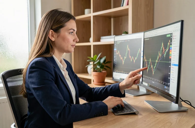 Femme analysant des graphiques boursiers sur deux écrans dans un bureau moderne à domicile