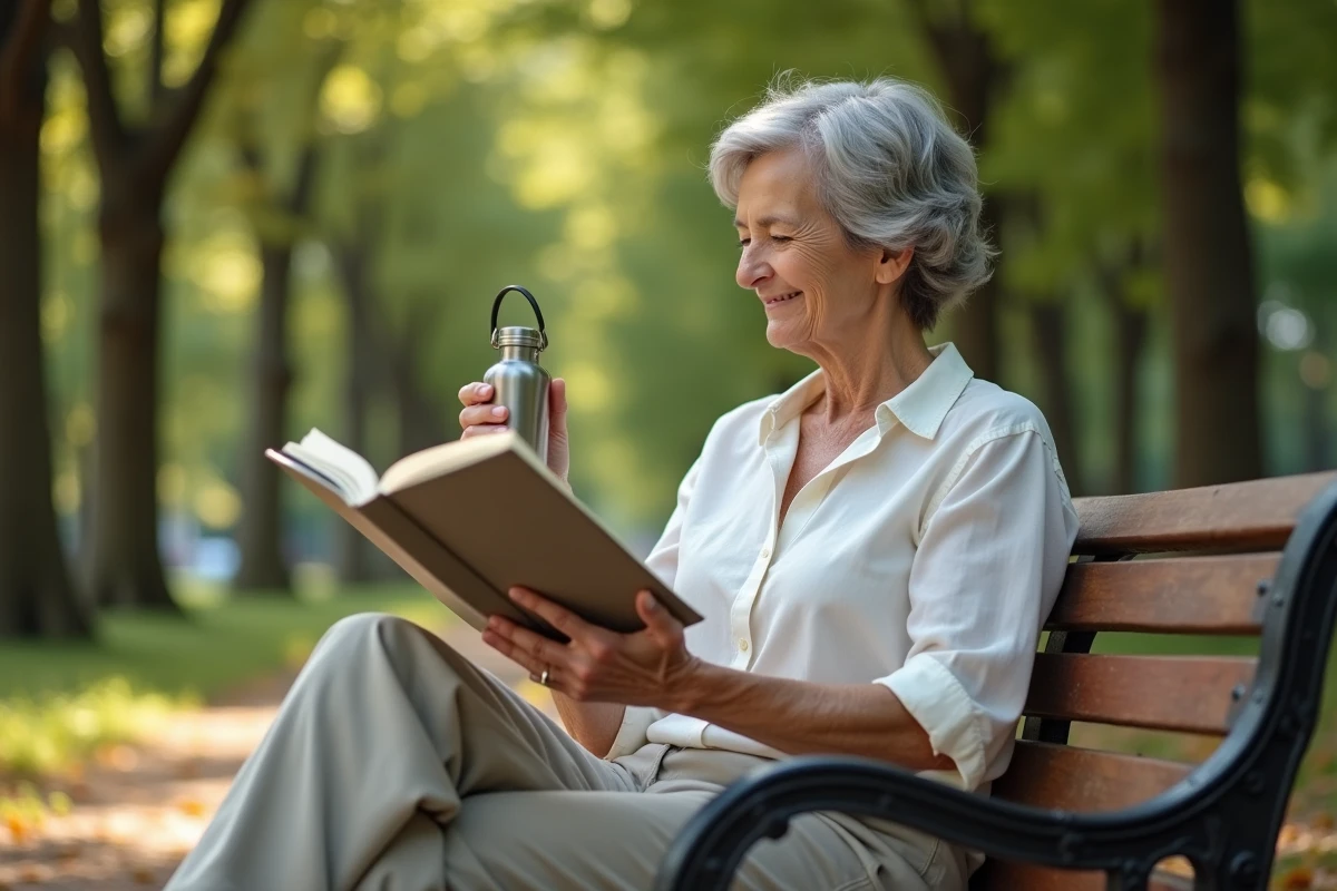 Femme âgée se relaxant sur un banc dans un parc en automne, illustrant le bien-être mental et la santé au quotidien