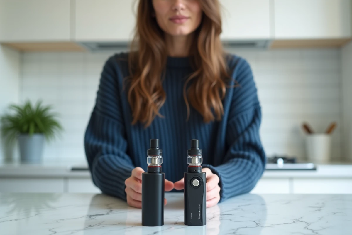 Femme comparant deux cigarettes électroniques rechargeables posées sur un plan de travail en marbre blanc dans une cuisine moderne