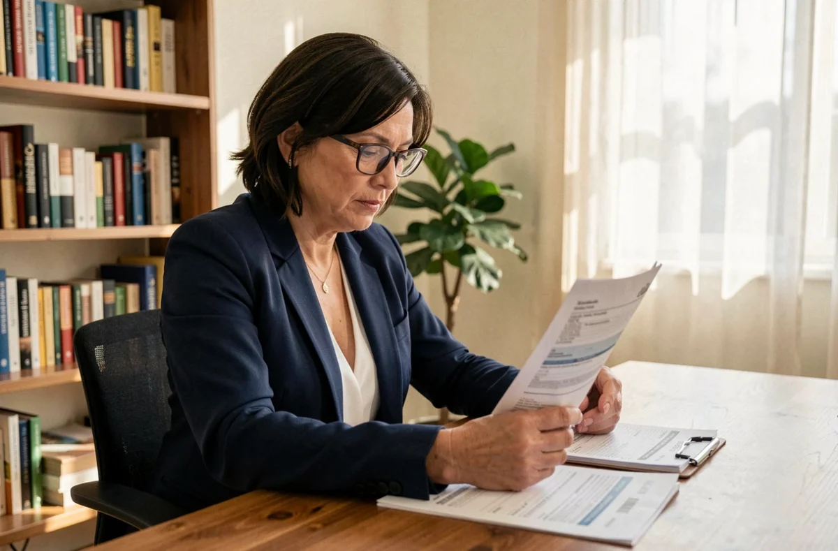 Femme d'âge mûr comparant des documents de mutuelle santé dans un bureau à domicile moderne