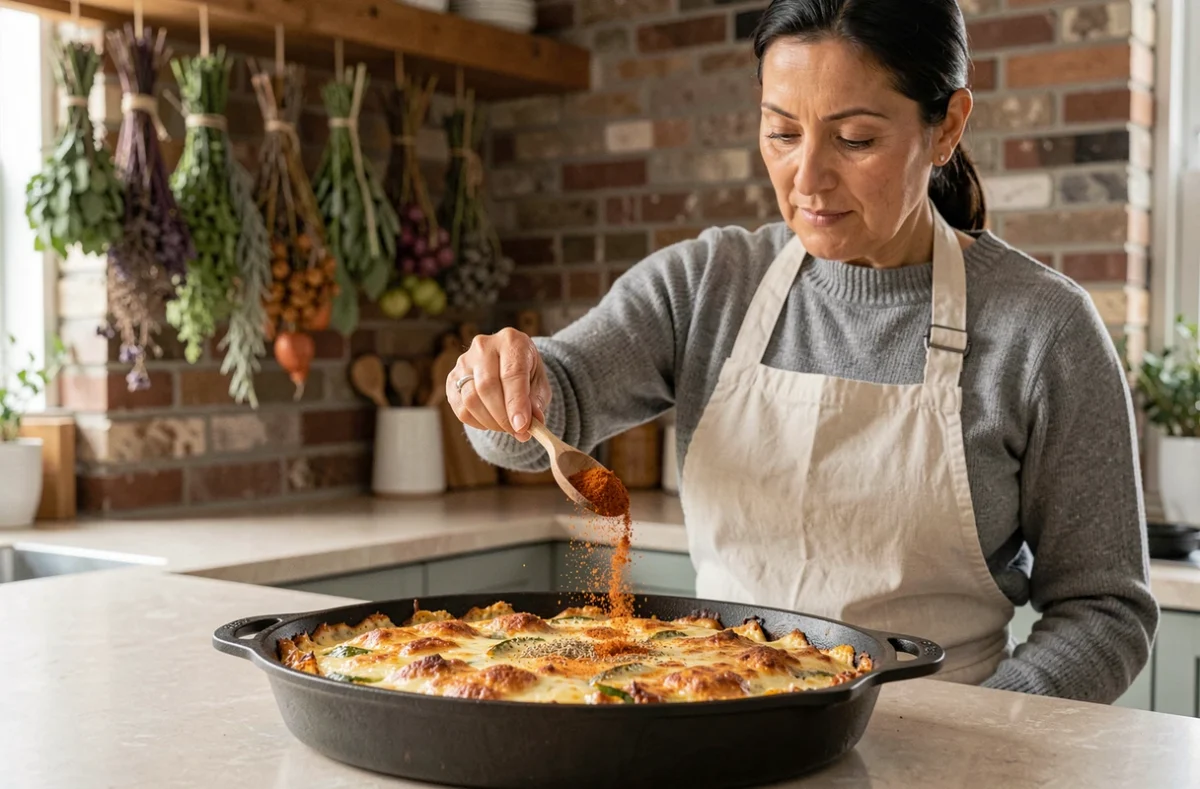 Femme saupoudrant des épices sur un gratin de légumes dans une cocotte en fonte, cuisine en pierre