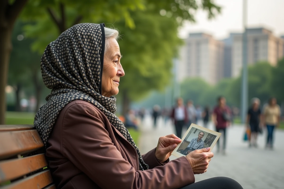 Femme âgée regardant une vieille photo dans un parc urbain