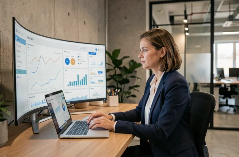 Femme professionnelle analysant un tableau de bord de sauvegarde de données sur écran incurvé dans un bureau moderne
