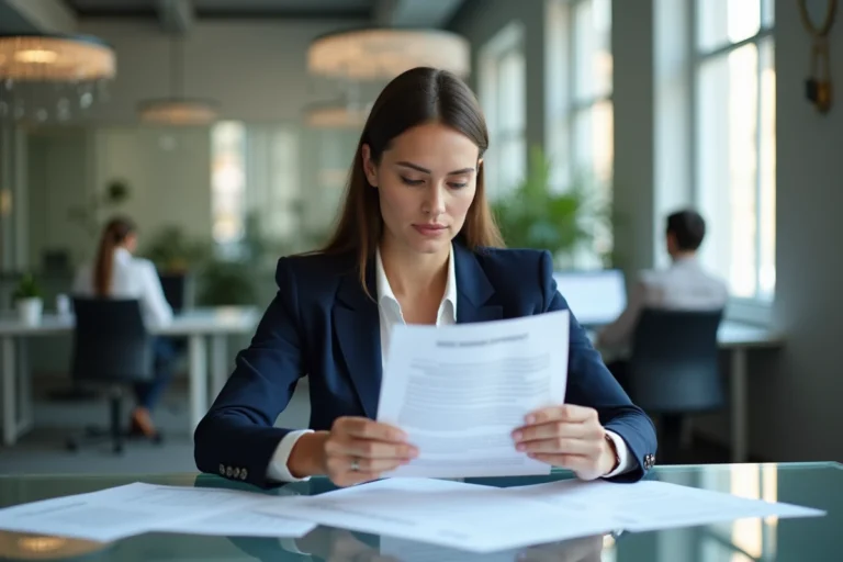 Femme professionnelle en blazer marine analysant des documents de développement de carrière dans un bureau moderne