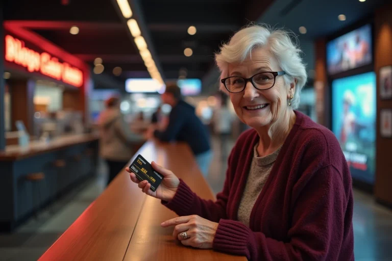 Femme senior souriante tenant une carte cinéma senior au guichet d'un multiplex moderne