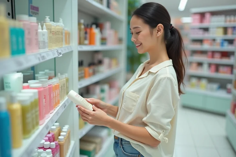 Femme examinant un produit de soin dans une allée beauté de pharmacie moderne, entourée de rayons cosmétiques colorés