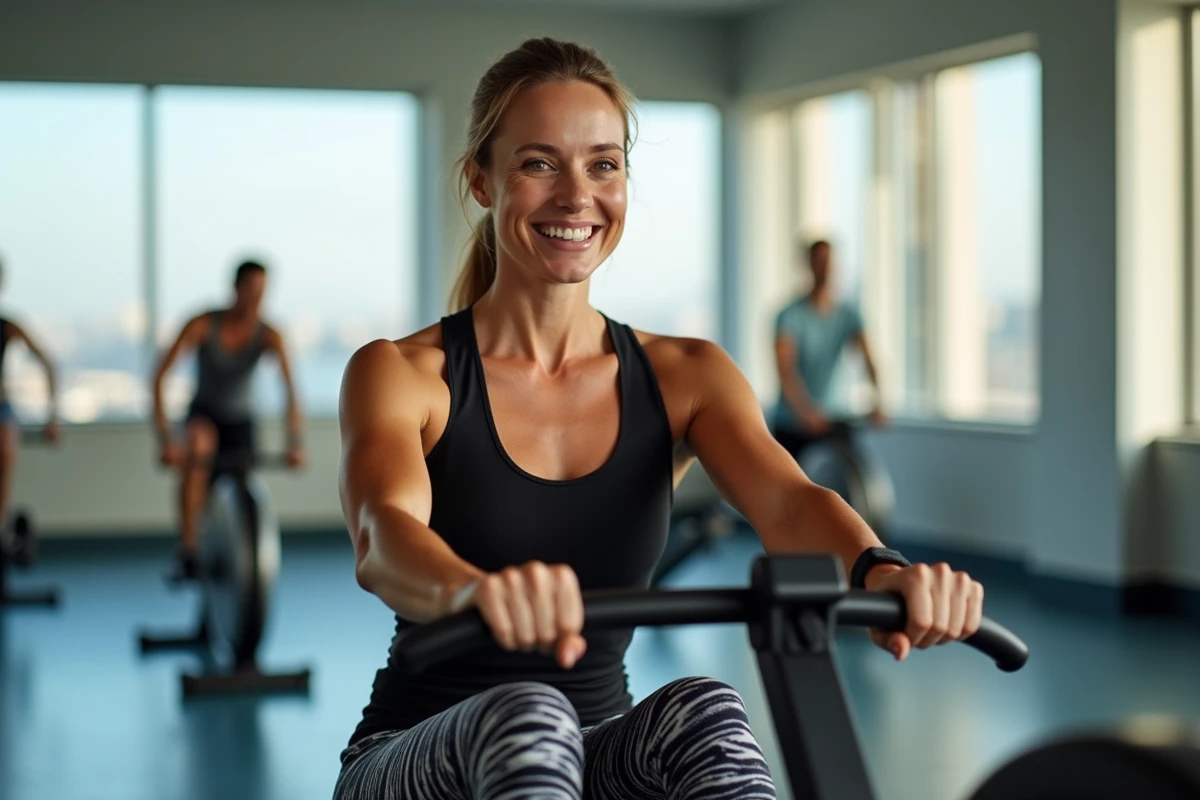 Femme souriante en haut de course sur rameur dans studio lumineux