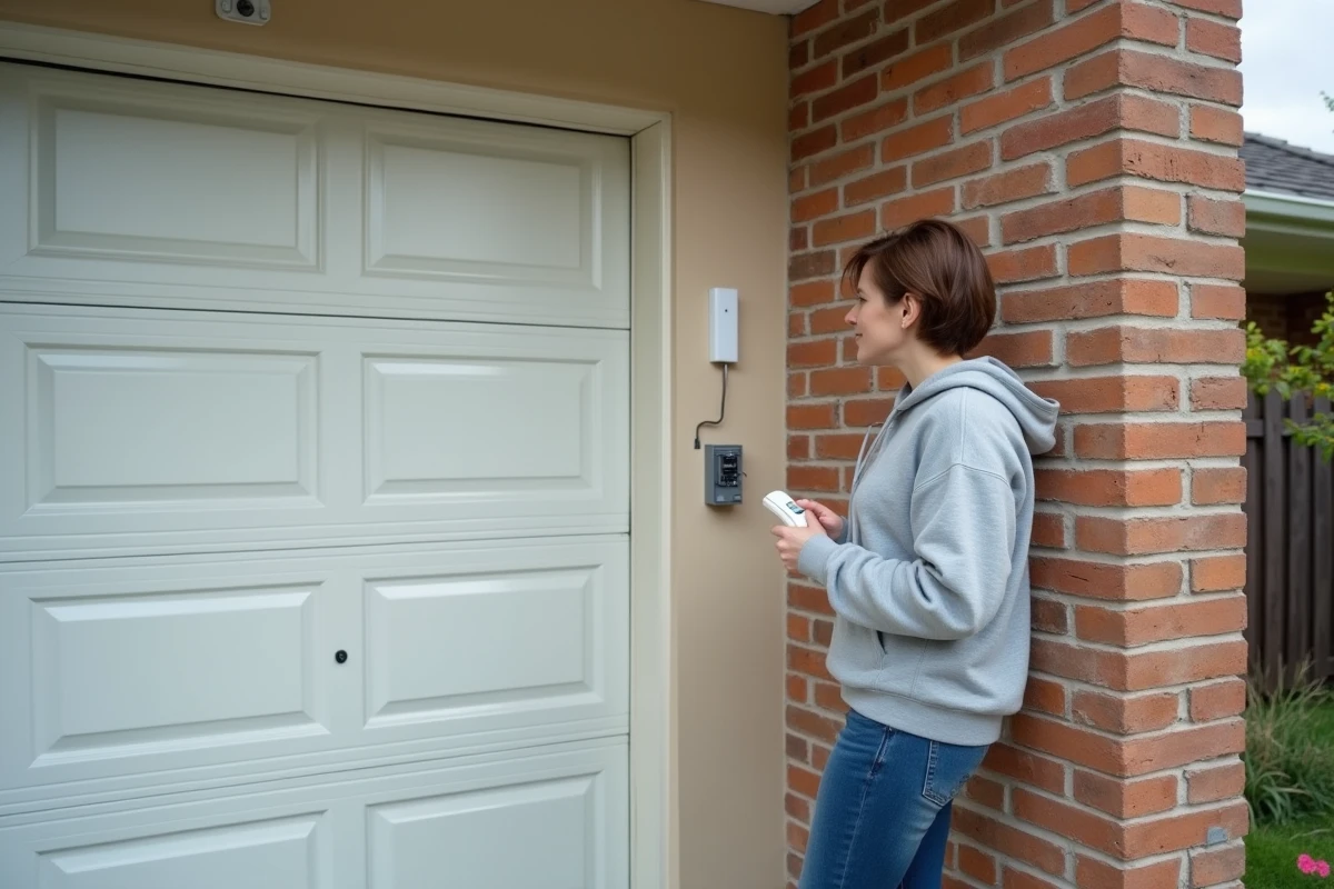 Femme consultant le panneau électrique d'une porte de garage La Toulousaine avec télécommande en main