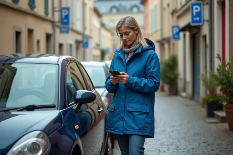 Femme en raincoat bleu consulte une carte de stationnement à Rennes