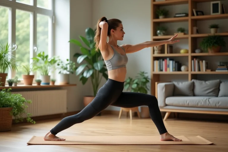 Femme pratiquant le yoga dans un appartement lumineux pour prendre soin de sa santé au quotidien