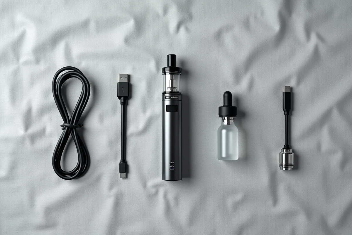 Vue de dessus des accessoires d'une cigarette électronique rechargeable disposés en flat lay sur un tissu lin gris clair