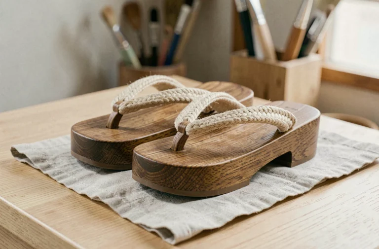Paire de geta japonaises artisanales en bois de paulownia posées sur une surface en chêne, révélant la qualité de la menuiserie et des sangles en chanvre naturel