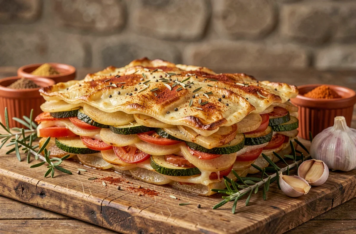 Gratin de légumes dorés aux épices et herbes de Provence dans un plat rustique, vue rapprochée