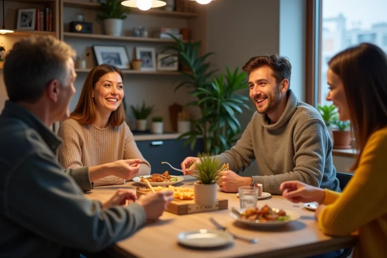 Groupe diversifié autour d'une table de cuisine en conversation