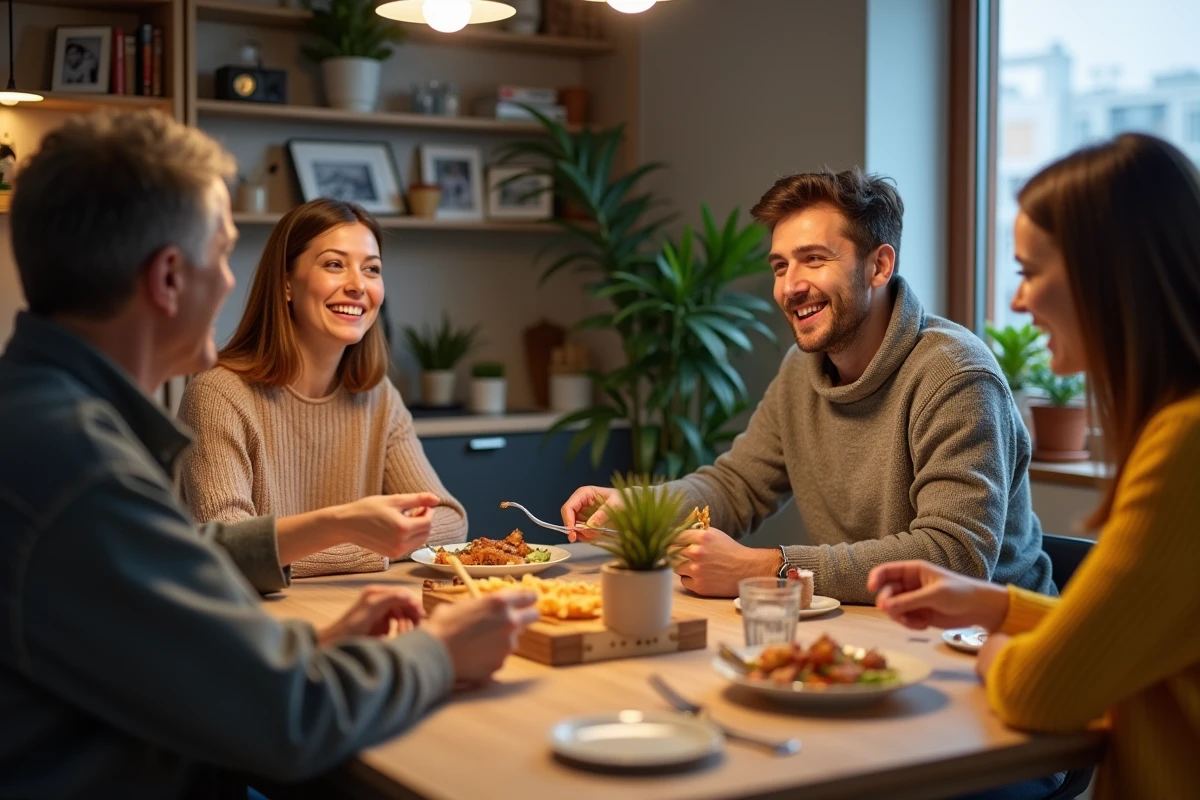Groupe diversifié autour d'une table de cuisine en conversation