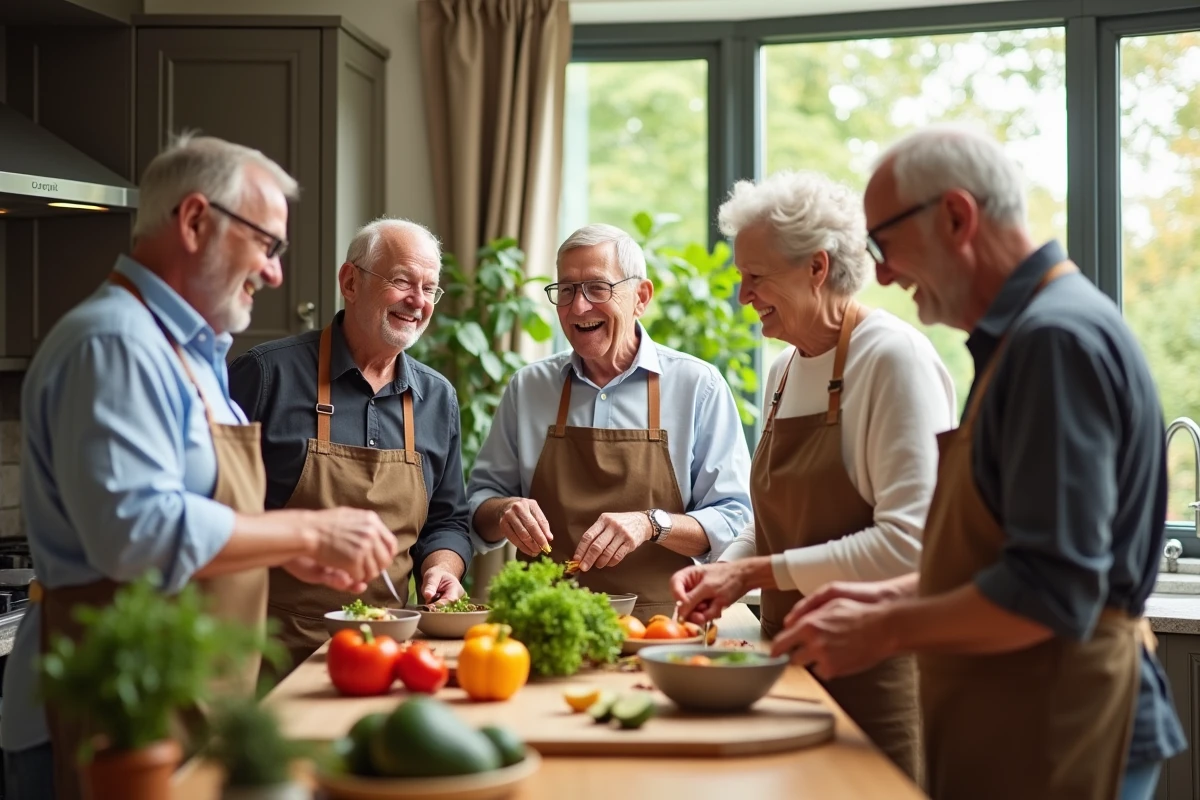 Groupe de seniors préparant un repas dans une cuisine lumineuse
