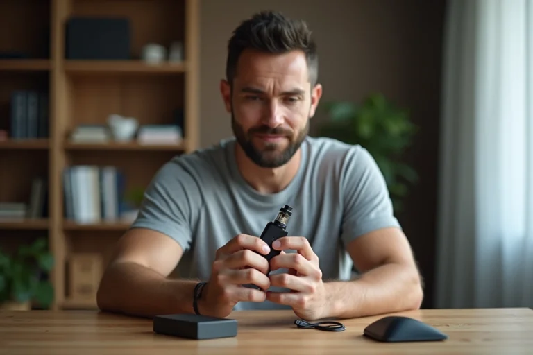 Homme tenant une cigarette électronique rechargeable et examinant ses caractéristiques sur un bureau en bois moderne