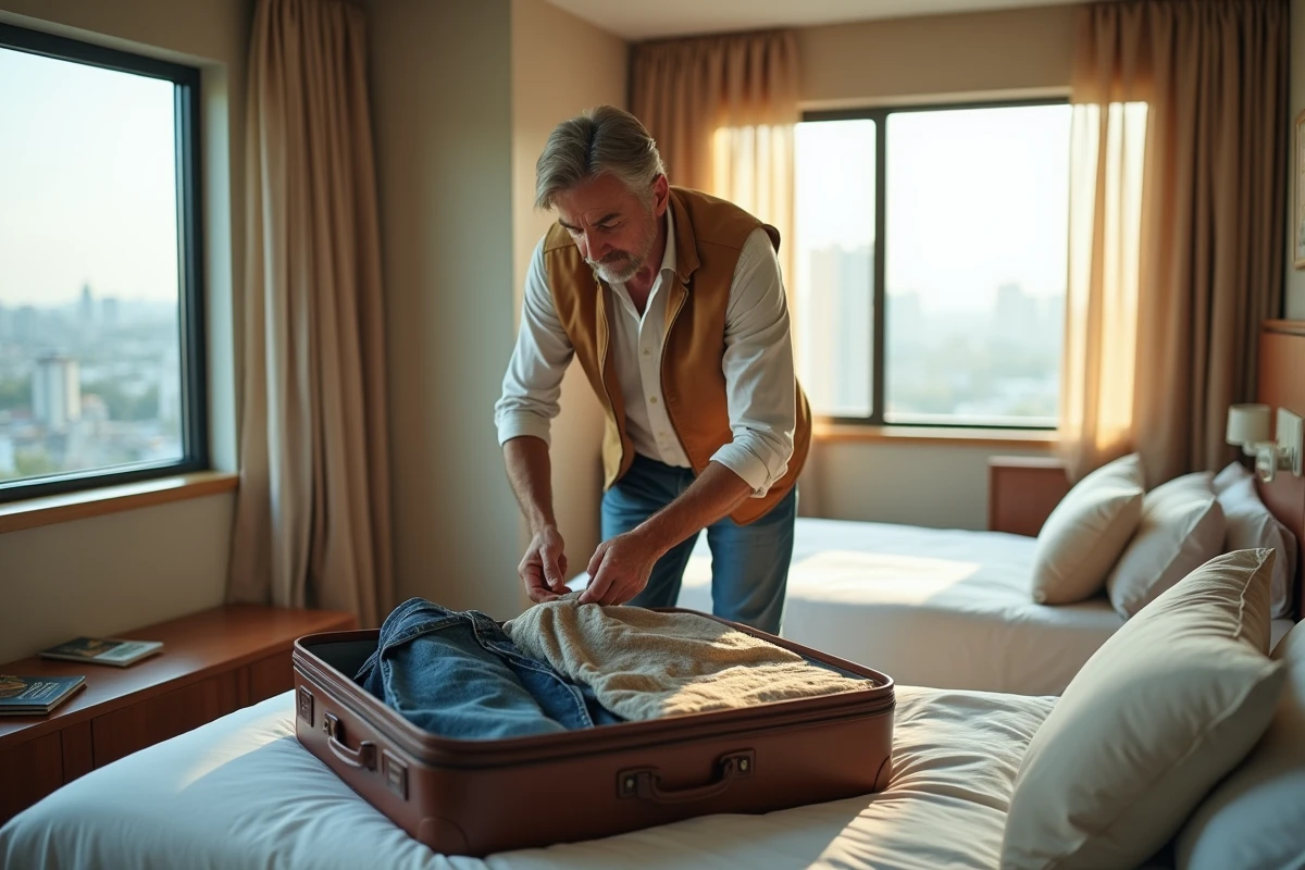 Homme préparant ses vêtements dans une chambre d
