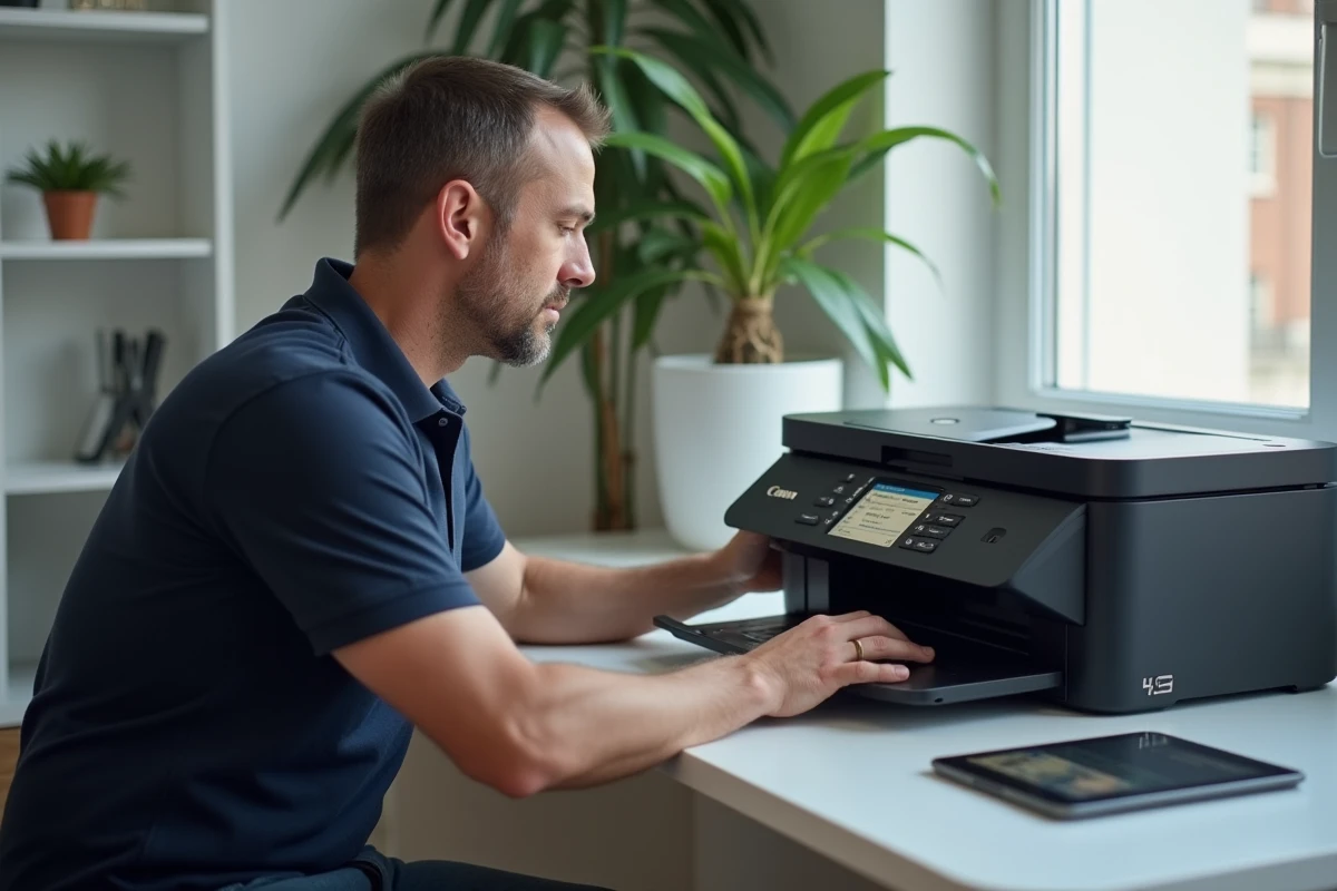 Homme appuyant sur les boutons du panneau de contrôle d'une imprimante Canon MG3650s pour la réinitialiser