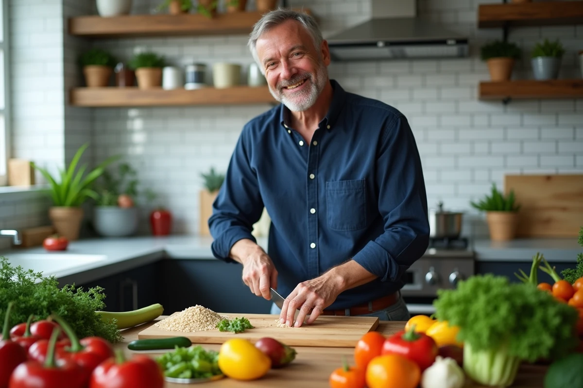 Homme préparant un repas équilibré avec des légumes frais dans une cuisine moderne pour une alimentation saine